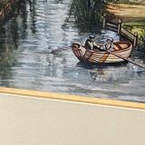 Gouache painting early 20th century Landscape at the mill and boat trip on the Marne