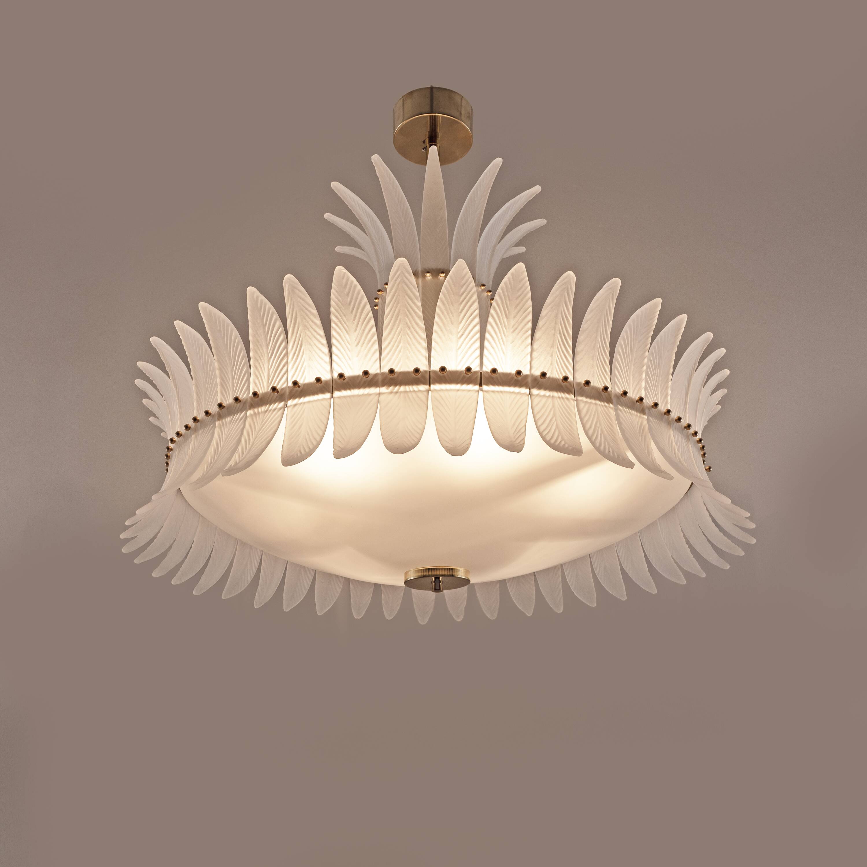 Italian Murano Glass Feather Chandelier with Brass Details