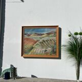 Old painting oil on canvas mountain and shepherd