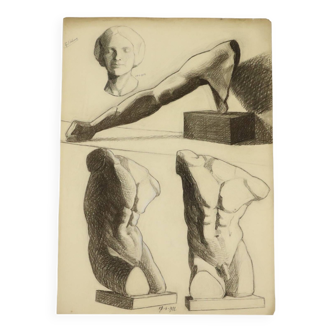 Grand dessin académique Renée Belvaux (1903-1984) Nu masculin 85x60cm