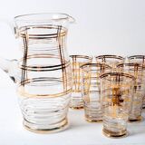 Mid-Century Italian Glass Pitcher & Six Glasses with Golden Details / Italy