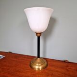 Large Art Deco table lamp, in brass and white opaline, 1920s-3
