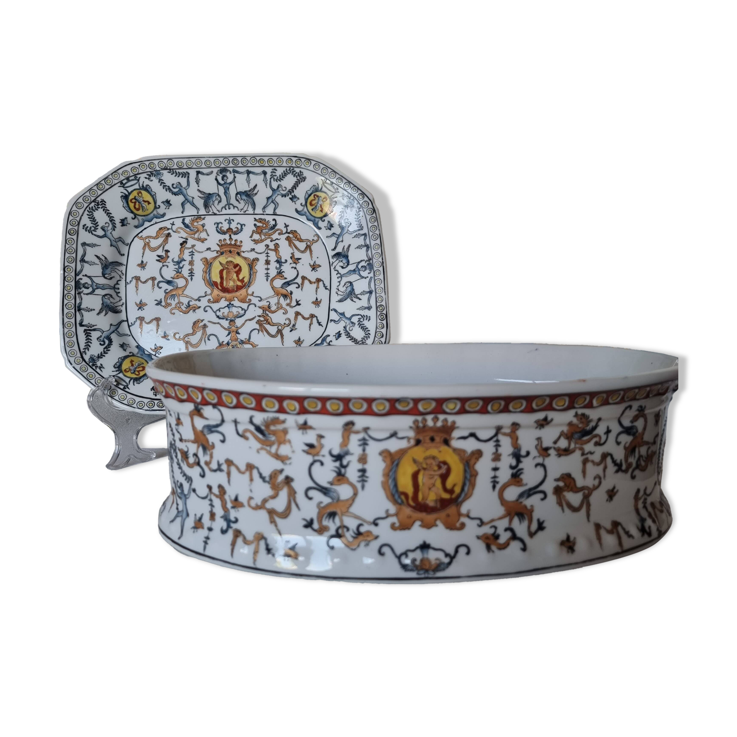 Hand-painted Toussi Court plate or tray and planter set