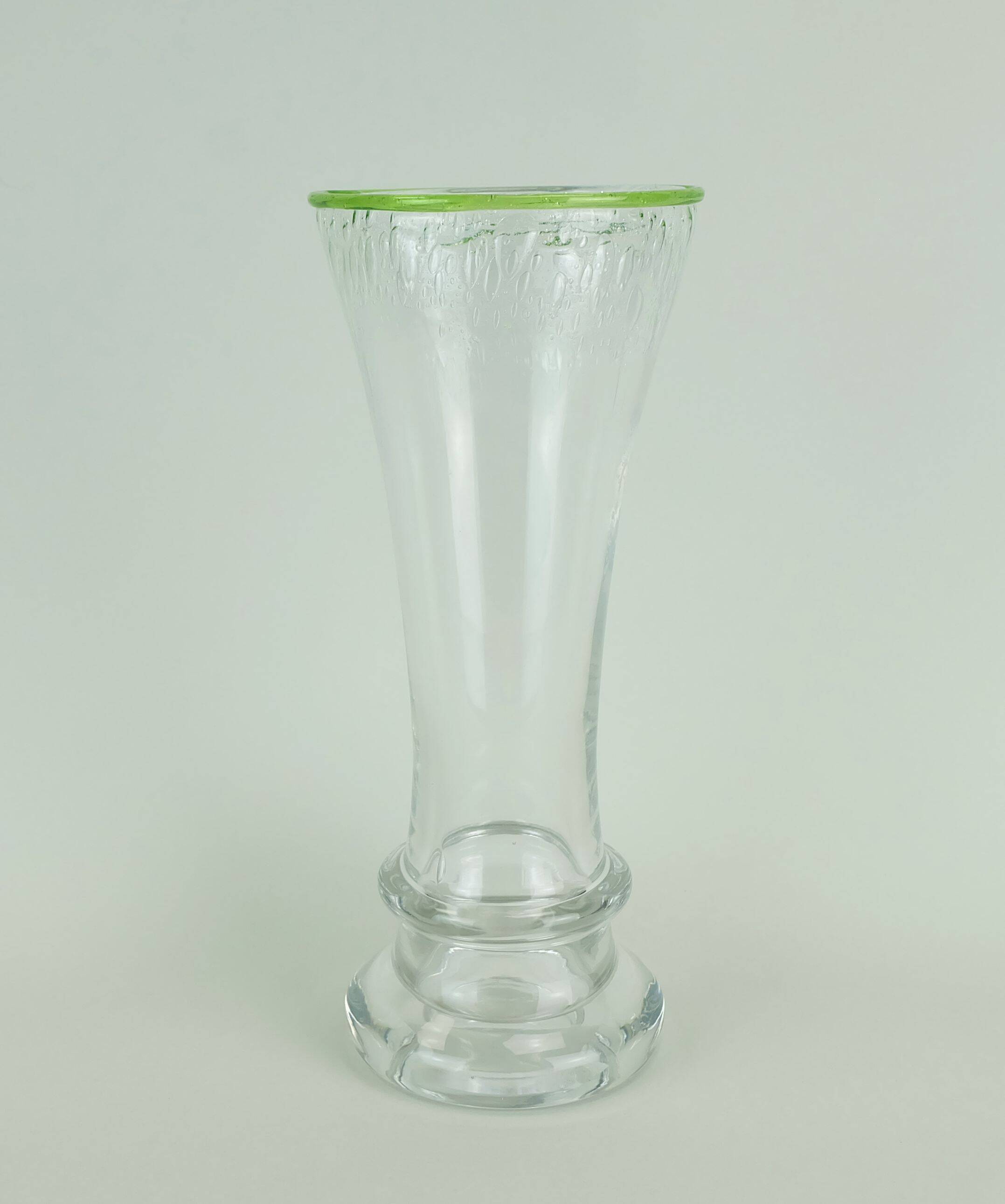 1970s glass VASE by eisch thick clear glass and bubble glass green rim
