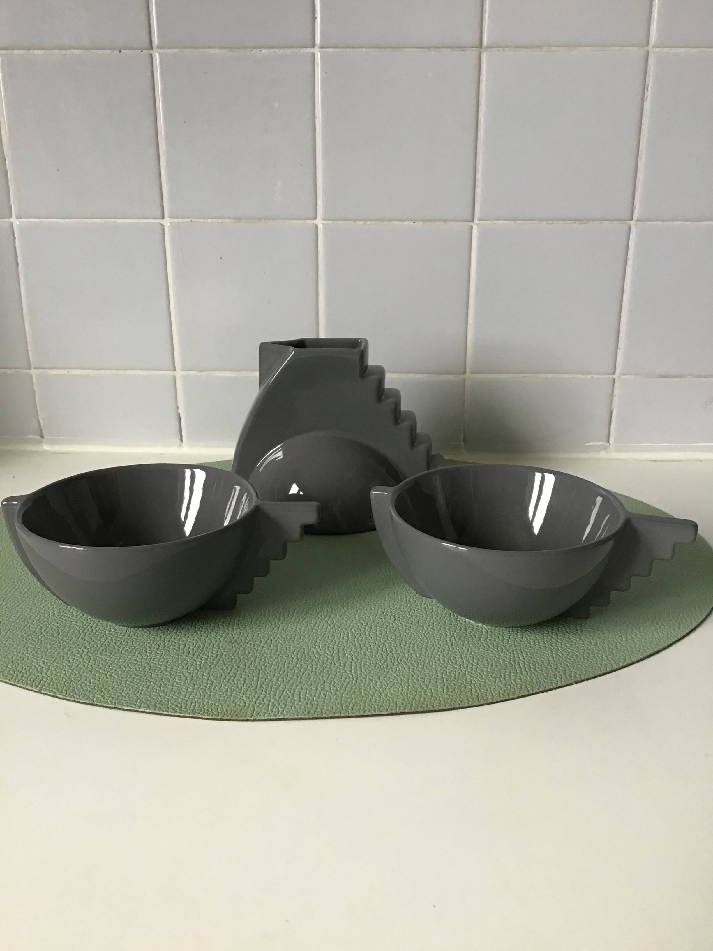 Duo of 2 tea cups with the milk jug created by Pierre Casenove for Salins studio France 1980