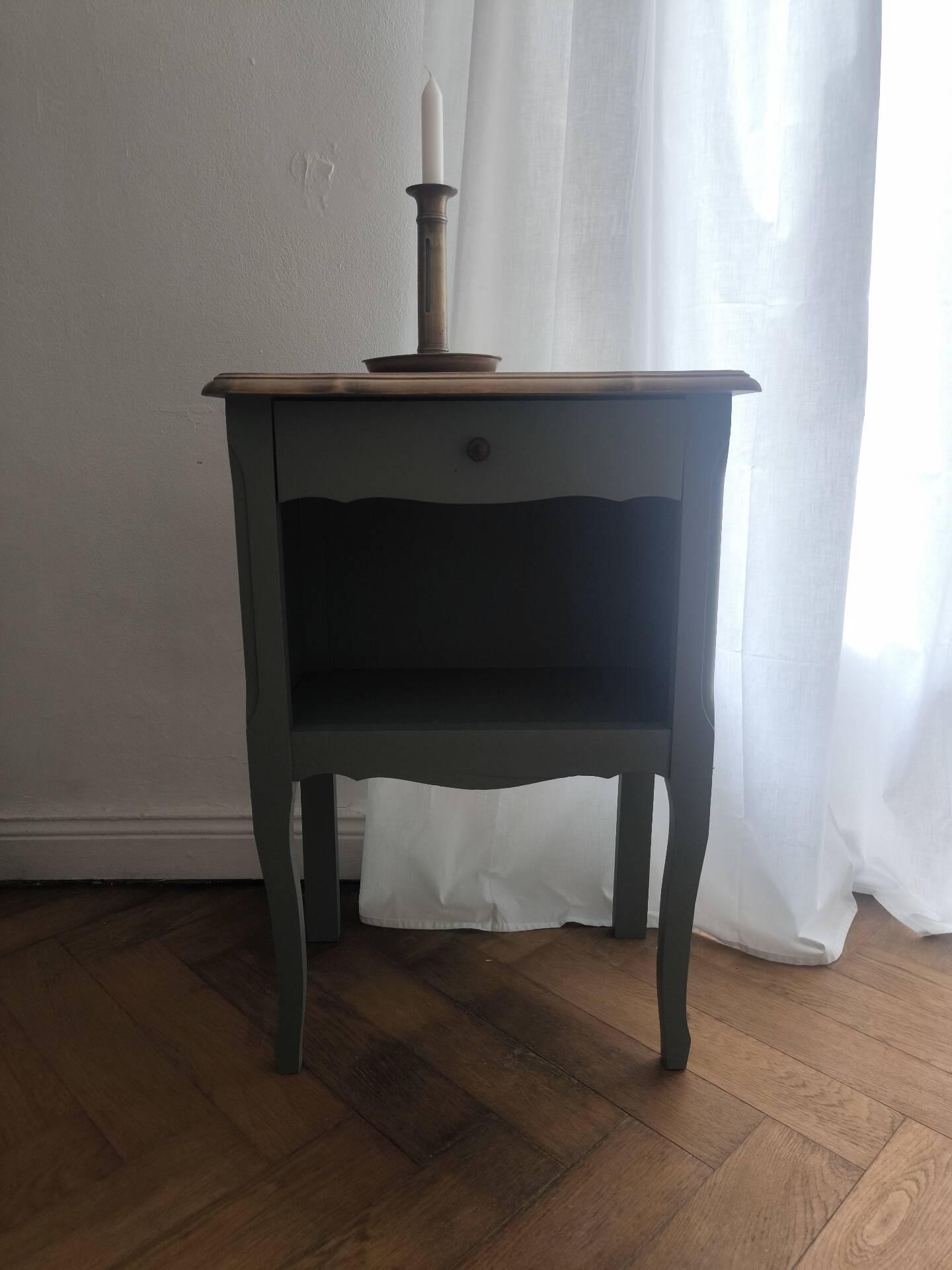 Louis XV bedside table revamped in solid oak and sage green/grey green.