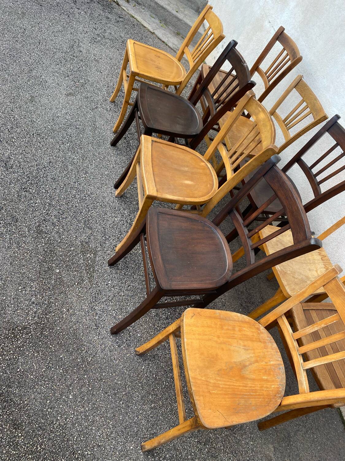 Set of 10 mismatched bistro chairs