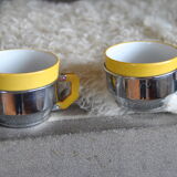 Series of 6 ceramic and stainless steel cups - 70s - Vintage