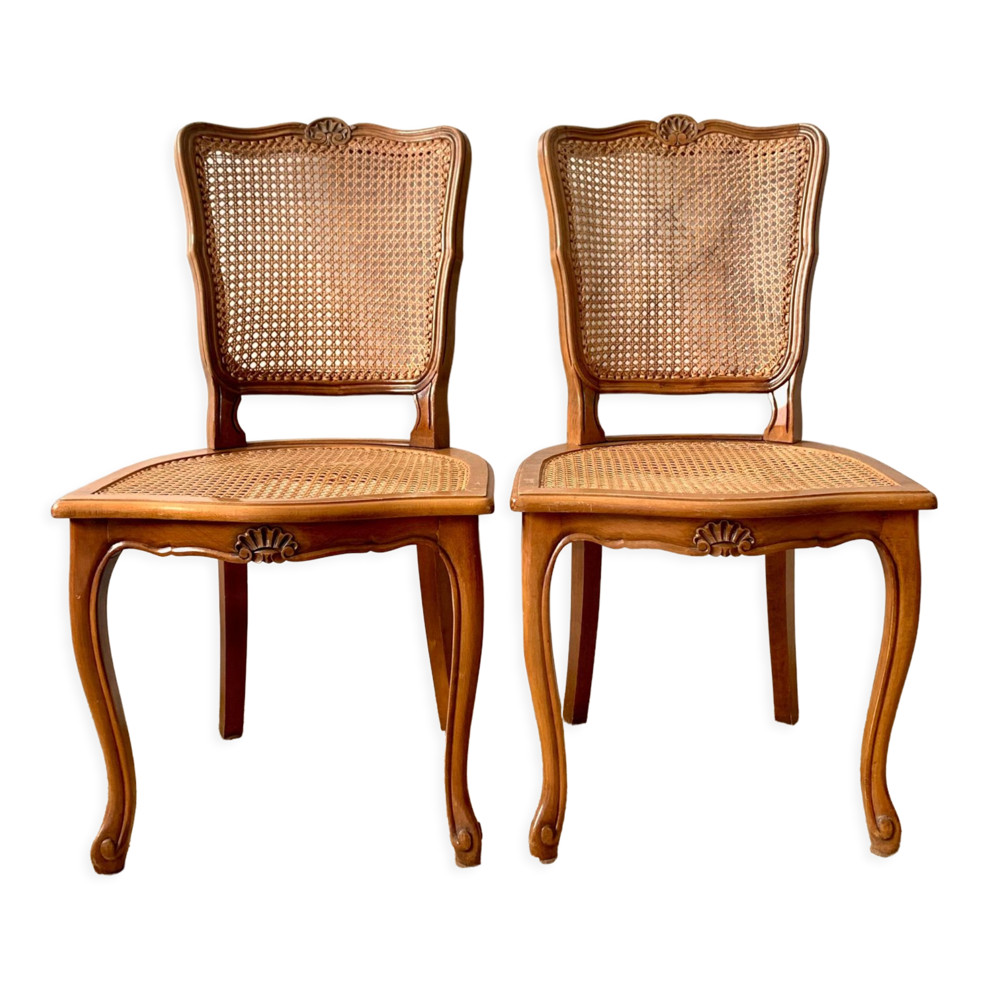 Pair of Louis XV style beech tanned chairs with shell pattern