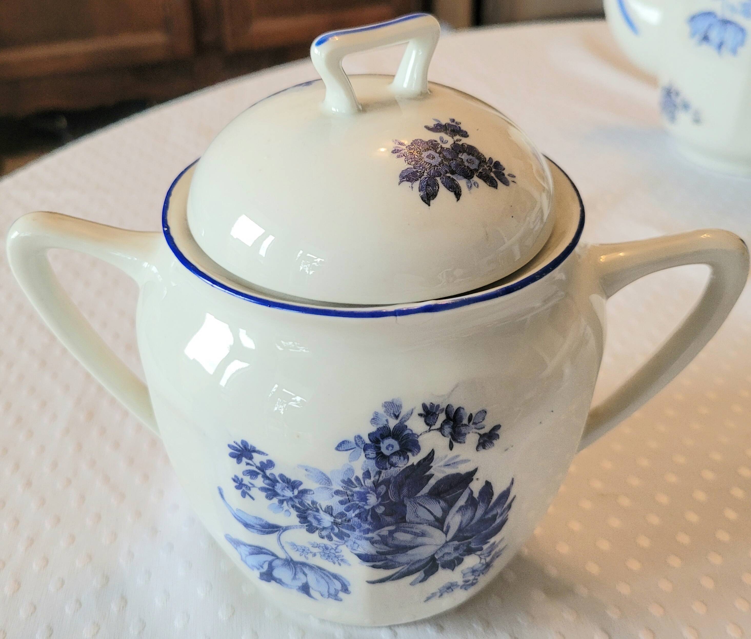 Blue and white ceramic coffee service with vintage flowers.