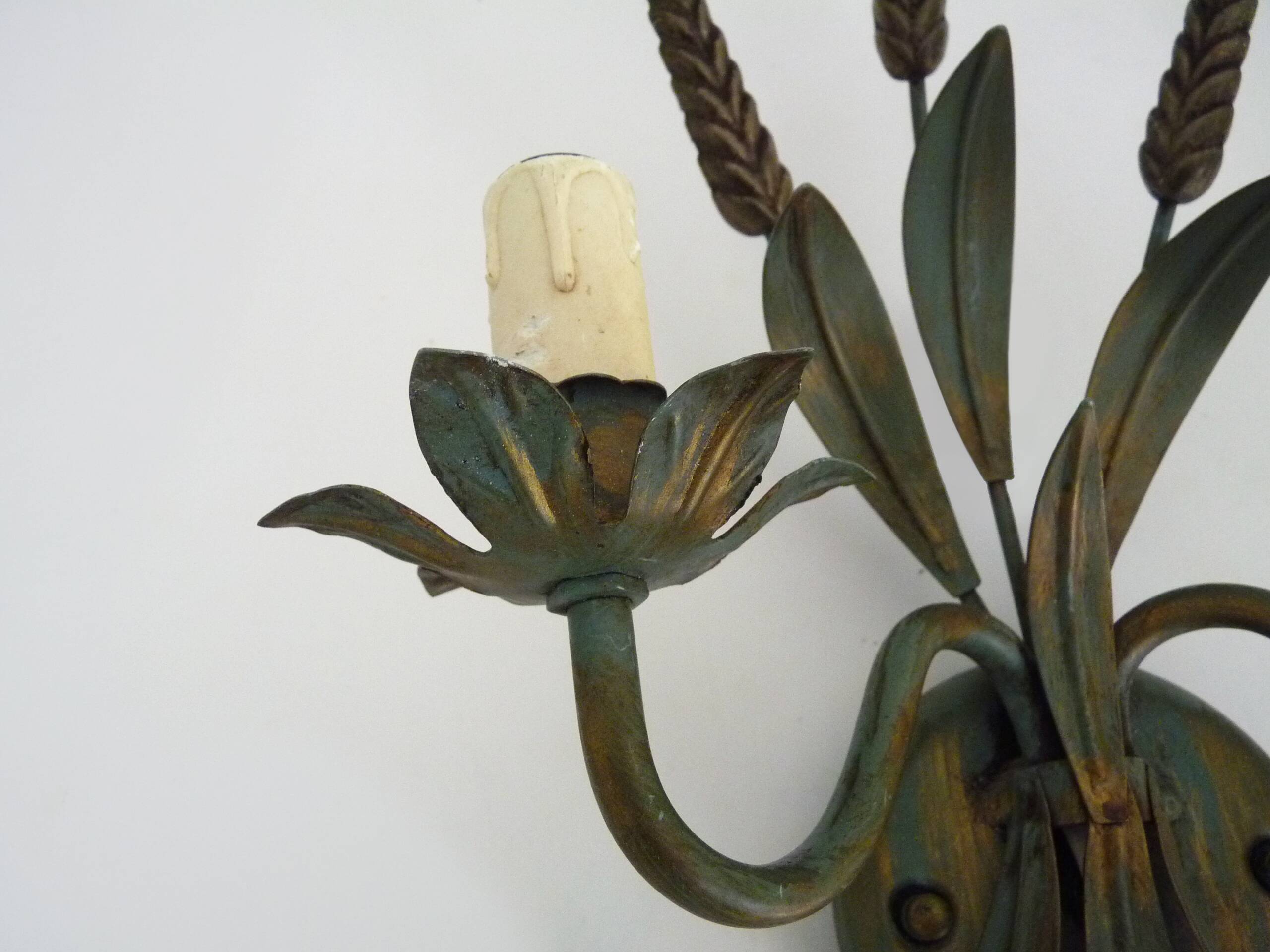 Paire d'appliques murales épis de blé ancienne en métal vert et or