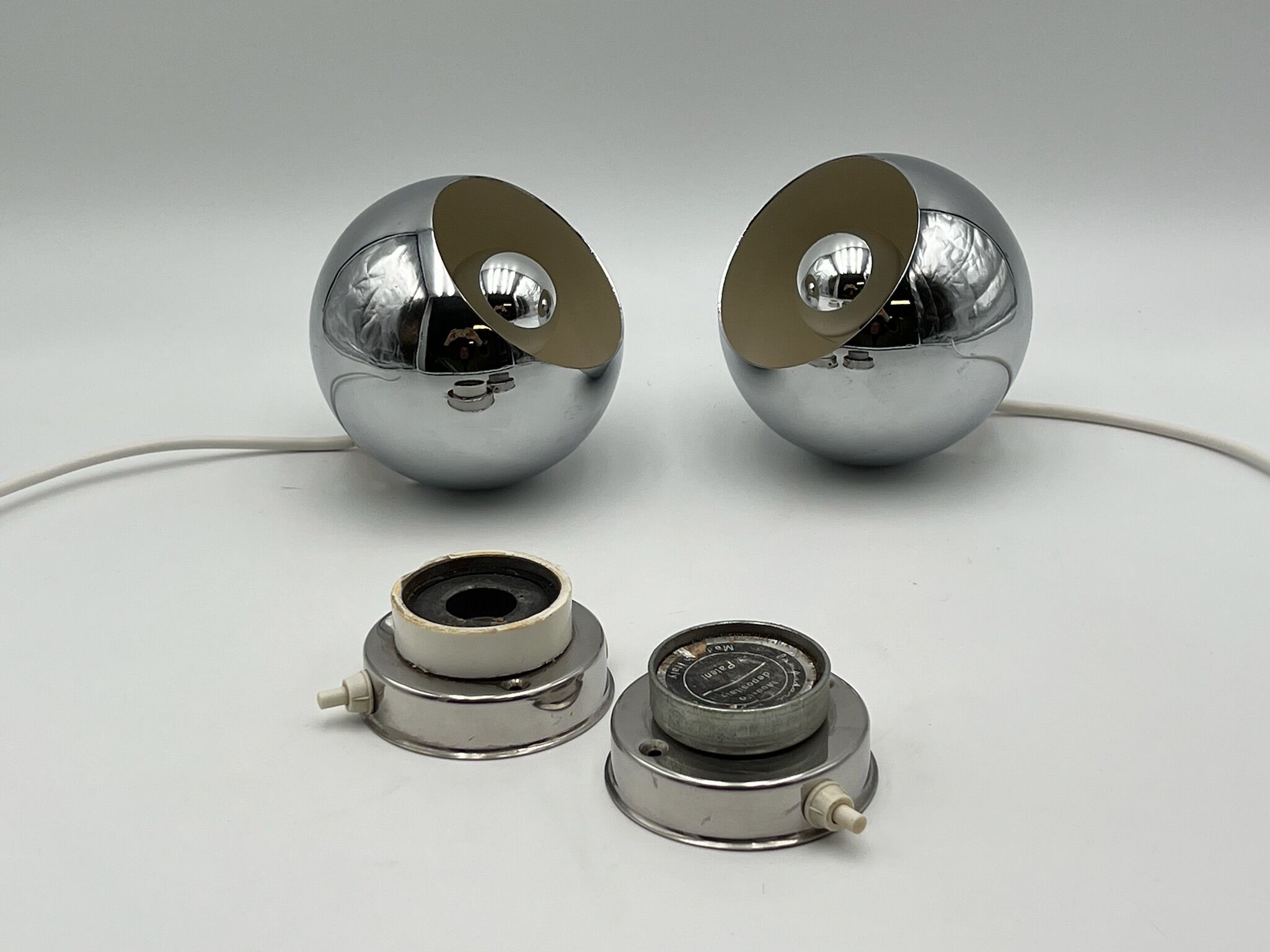 60s lamp set Reggiani Eyeball  chromed globe wall lamps - space age desk lamps