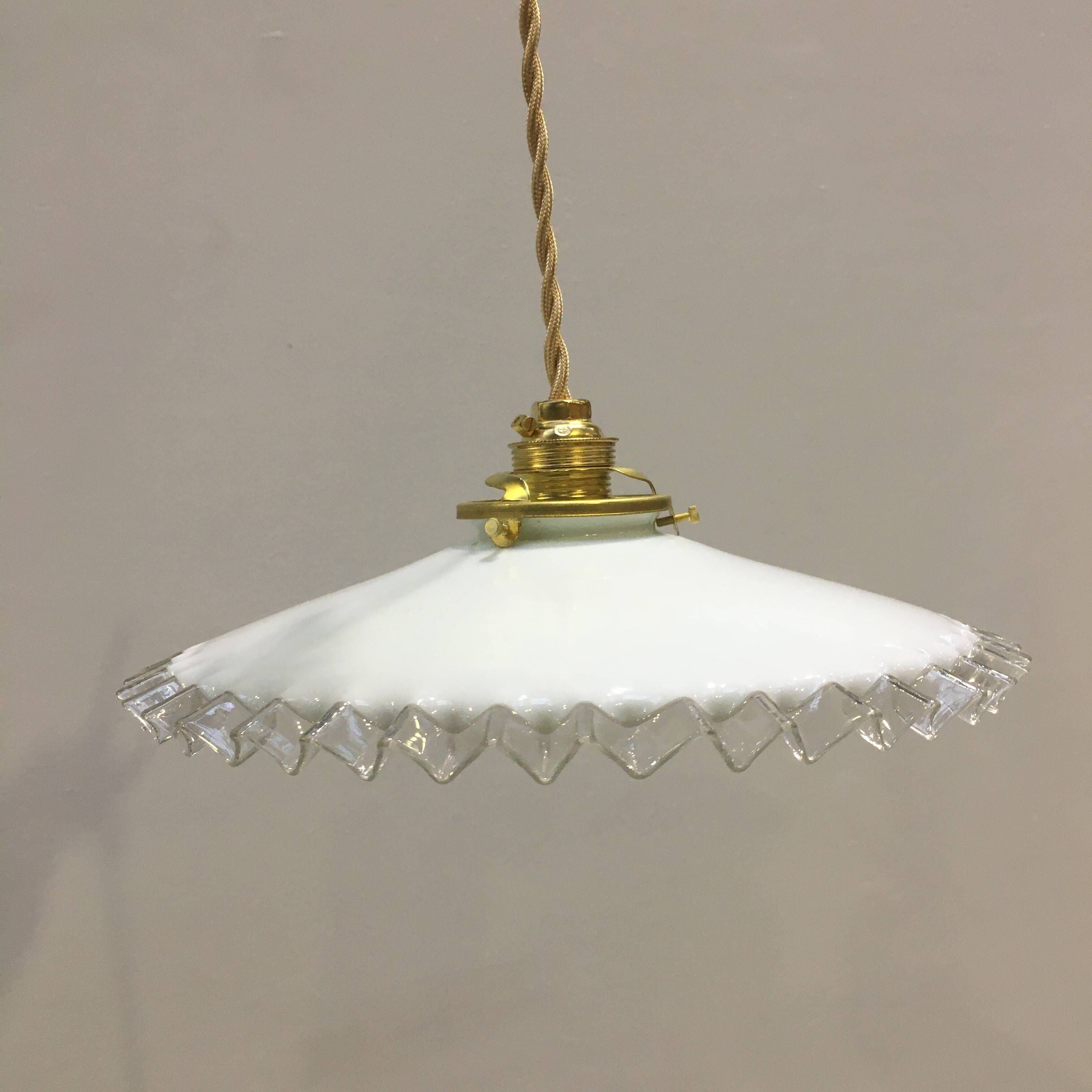 Pair of vintage pendant lights in white opaline and transparent serrated edges