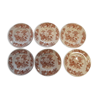 6 Flat plates old earthenware LONGWY FIMES brown decoration of flowers and butterflies