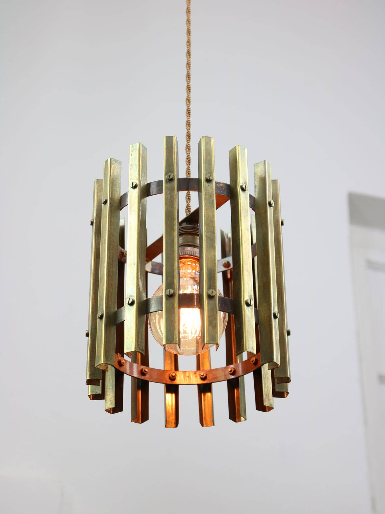 Vintage Italian Brass Cage Pendant Lamp, 70s