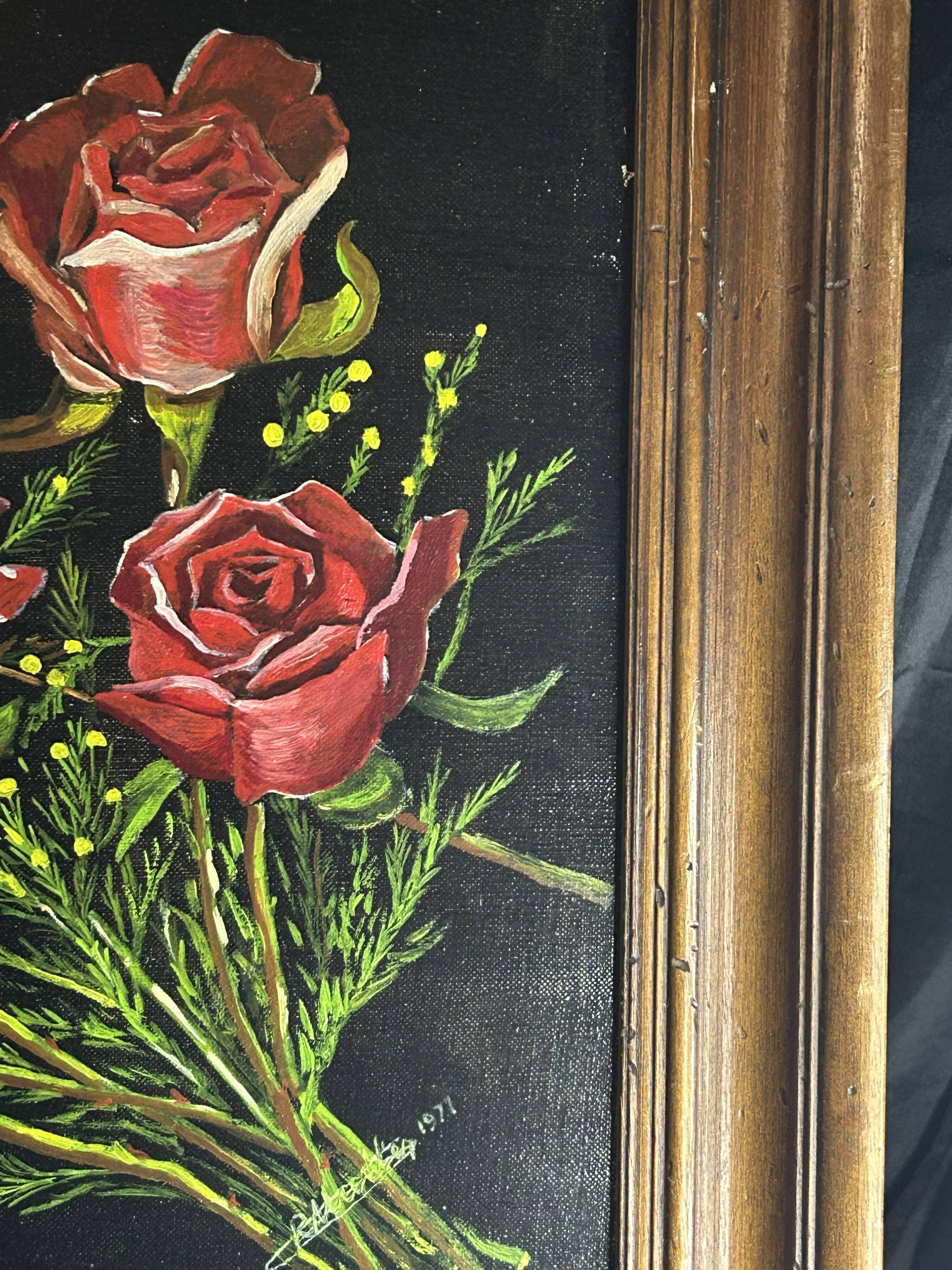 Nature morte aux roses – Huile sur toile signée et datée 1977 –Cadre bois