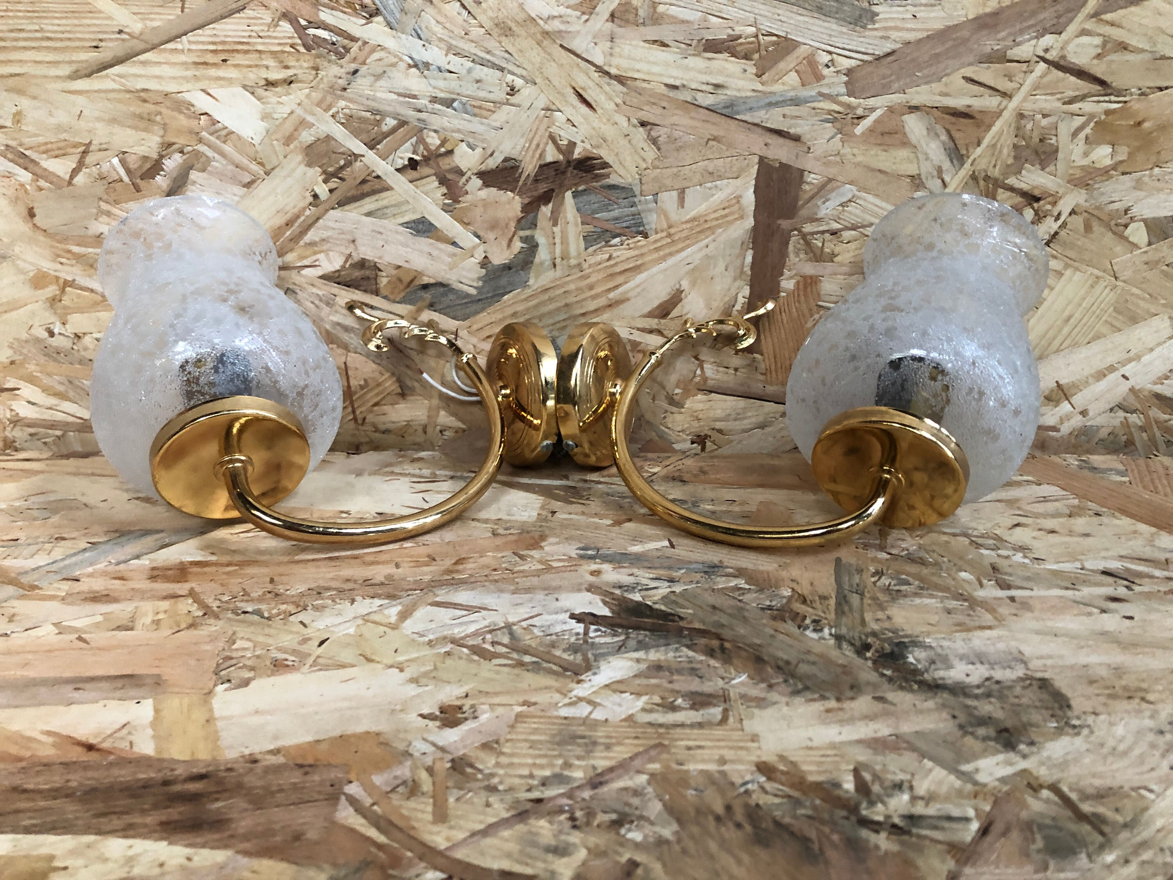 Old Pair Wall Lamp Golden Metal + Reflector Molded Glass 70s Vintage