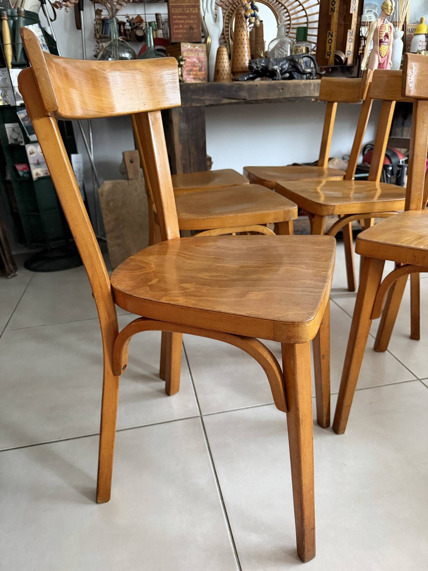 Set of 6 vintage wooden bistro chairs by Baumann