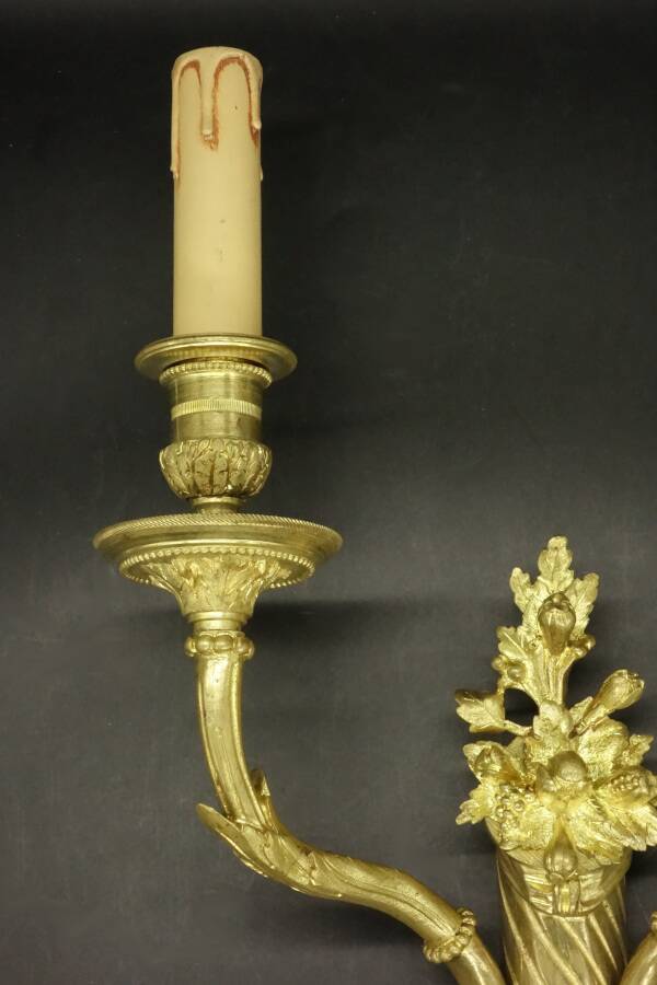Pair of large wall sconces with flowers in the Louis XVI style from the 19th century - gilded bronze.