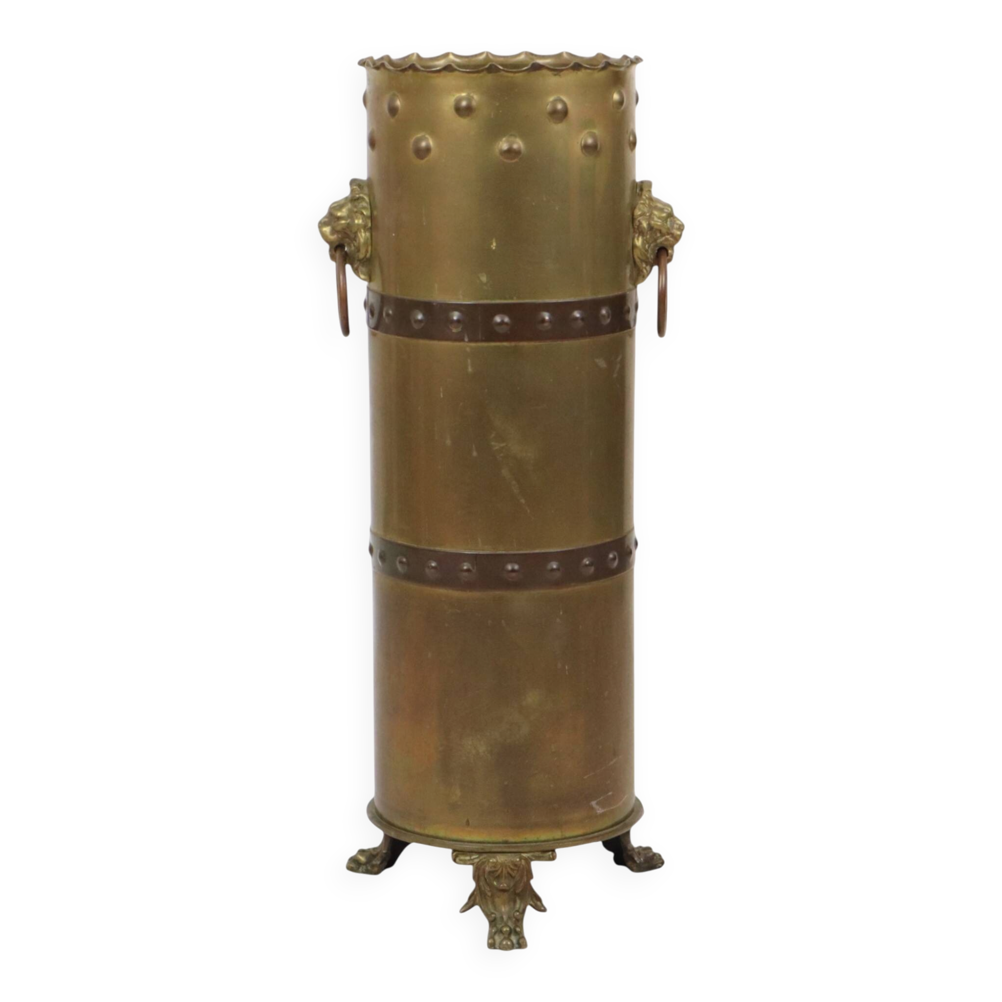 Unique XL Artillery Shell Umbrella Stand – WWI Trench Art (1915) – Lion Hea