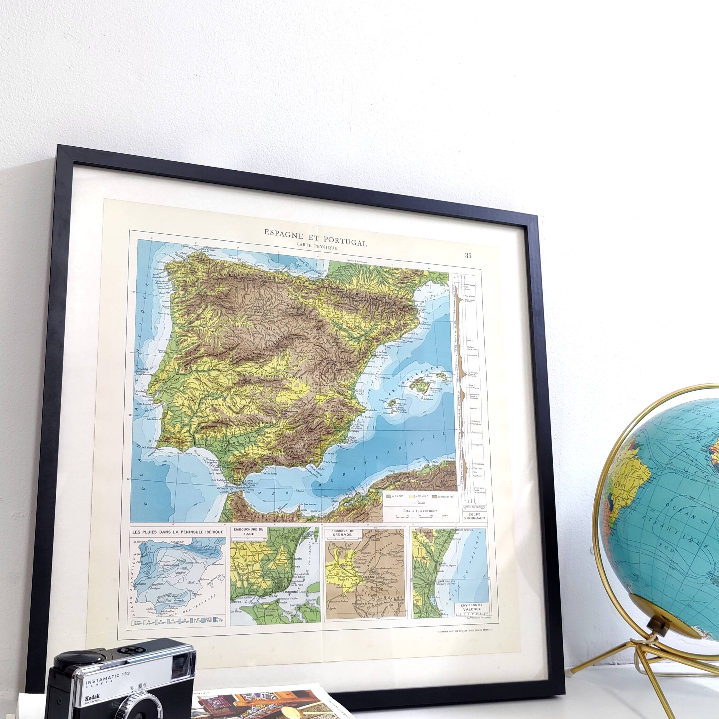 Spain and Portugal map in vintage colors 43x43cm from 1950