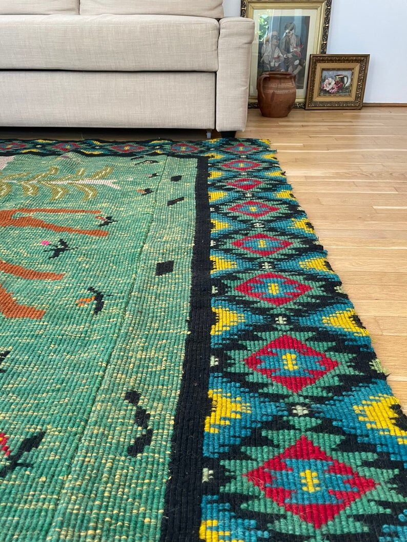 Romanian vintage rug with deers, nature scenery