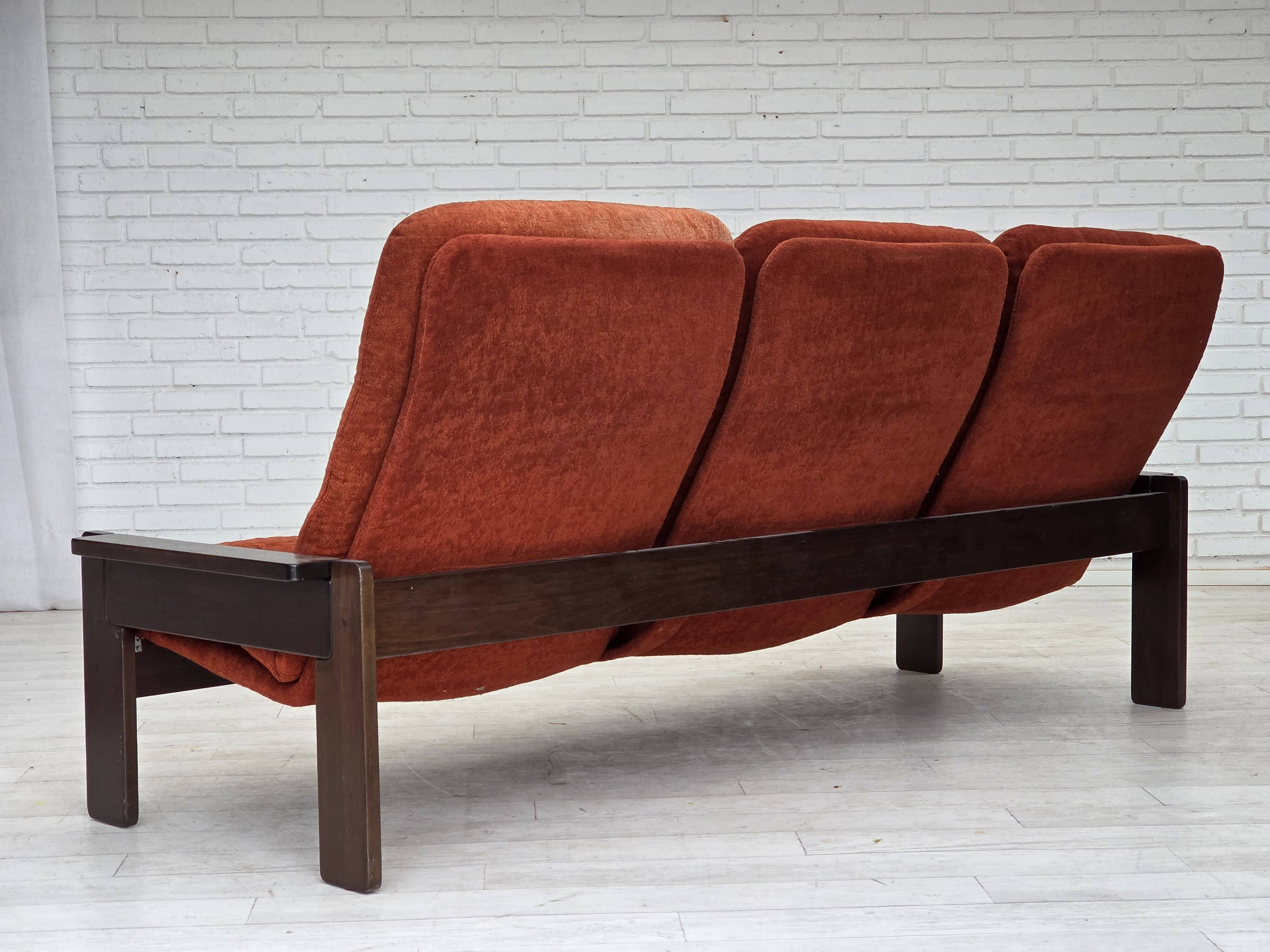 1970s, 3-seater Danish sofa, orange/red furniture velour, oak wood.