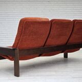 1970s, 3-seater Danish sofa, orange/red furniture velour, oak wood.