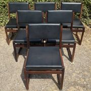 Set of 6 vintage teak chairs with black Skaï.