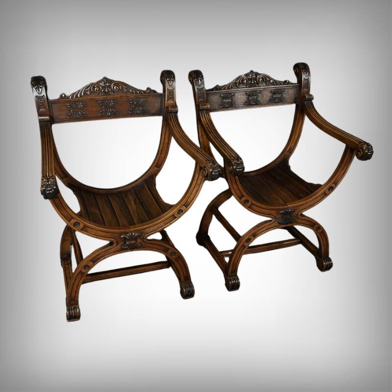 Pair of Dagobert walnut armchairs, medieval style – late 19th century