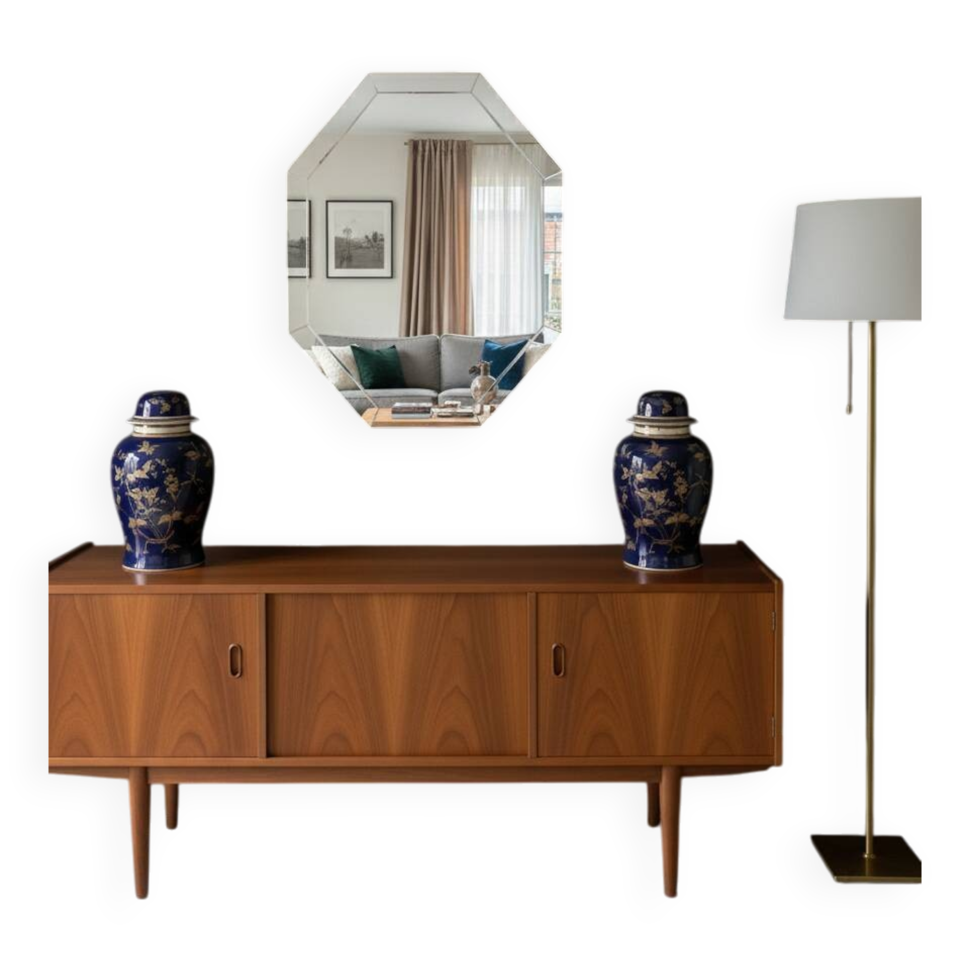 Modernist Octagonal Mirror – Art Glass & Wide Bevel – 1950s/60s