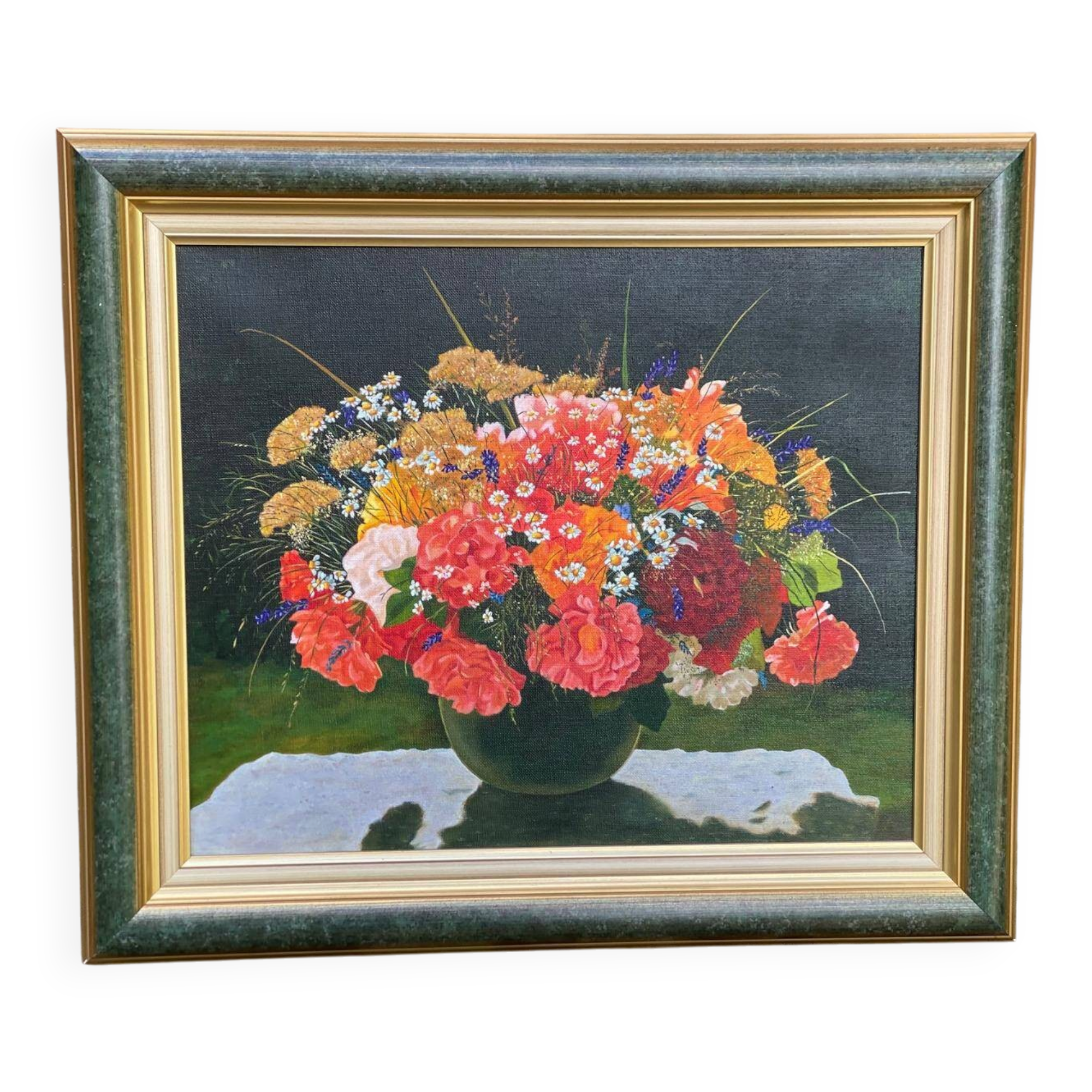 Old painting on canvas with Frey green and gold frame 58x51cm