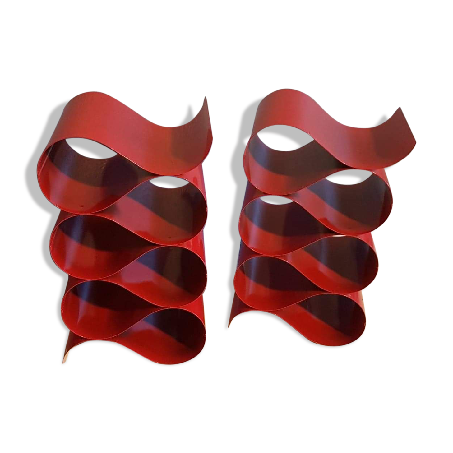Pair of red metal bottle holders from the 80s