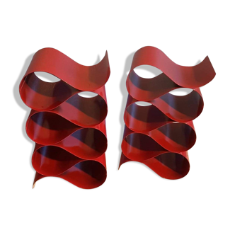 Pair of red metal bottle holders from the 80s