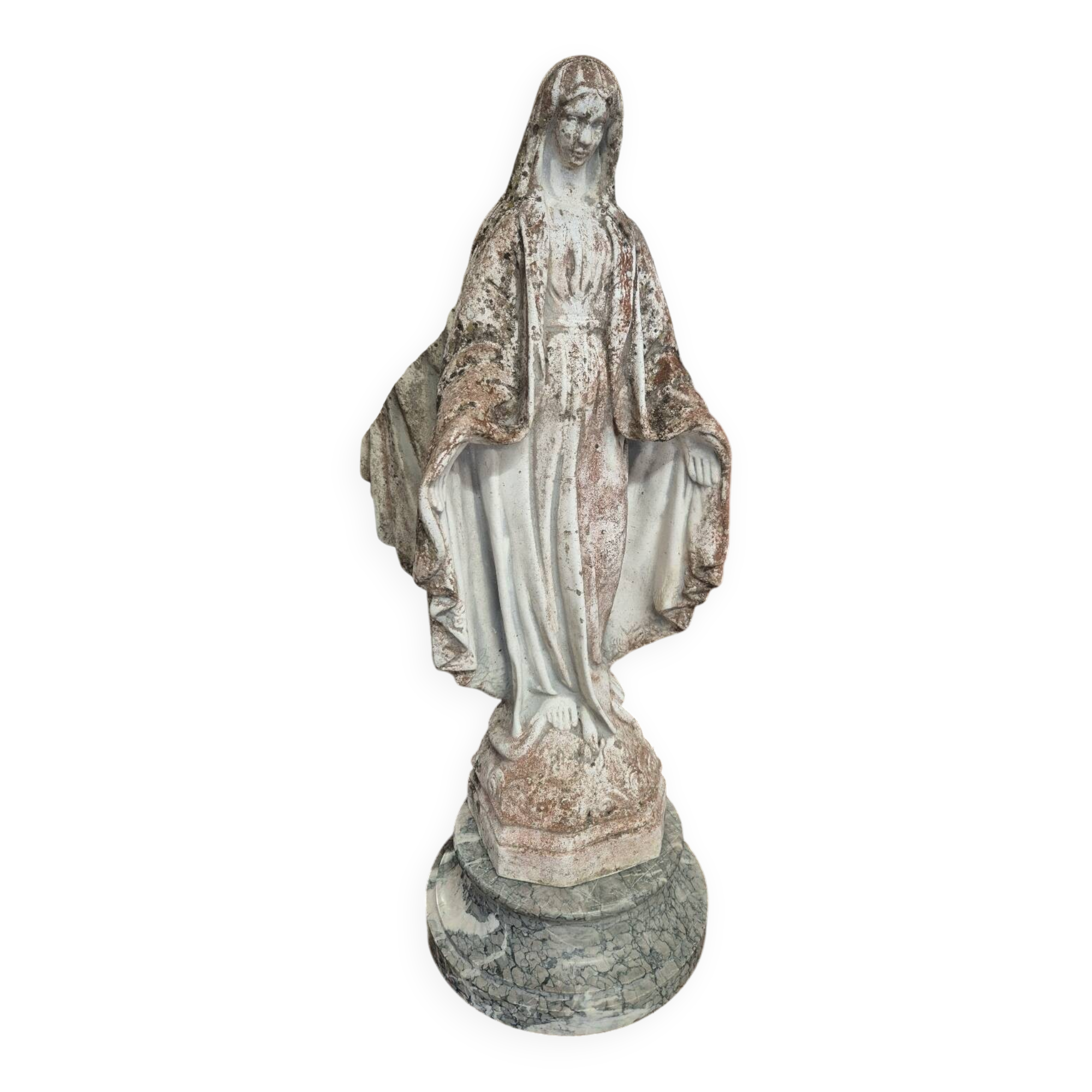 Garden statue of the Virgin Mary in old reconstituted stone
