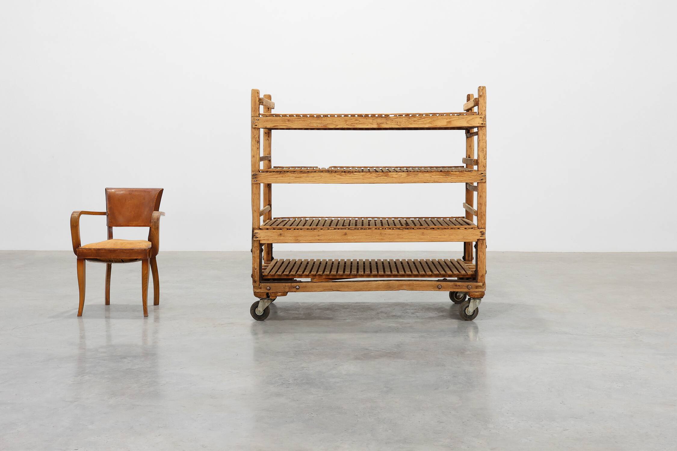 Large baker's cart/ rolling shelf in pine wood, France ca. 1900