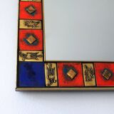 Vintage square mirror in gilded brass and enameled ceramic, 1970;