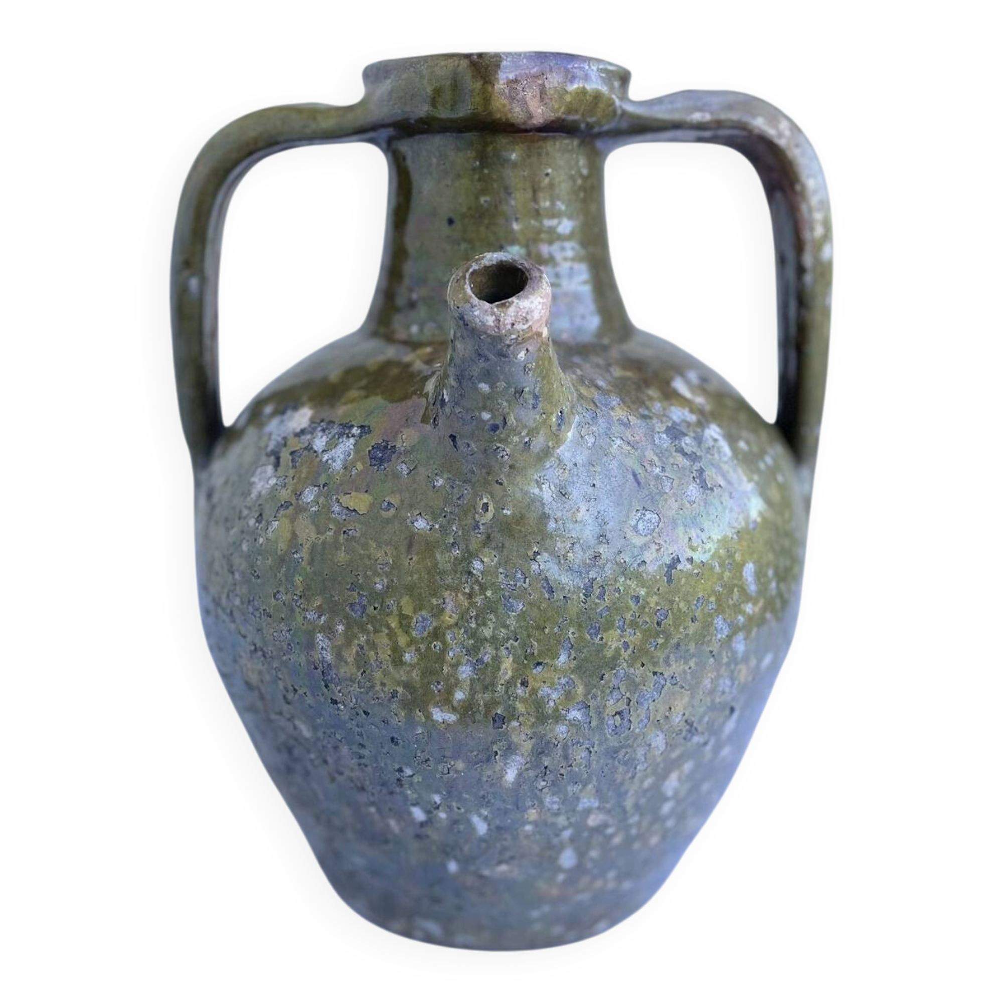 Ancient oil jar in glazed terracotta, khaki green — Auvergne, Lezou