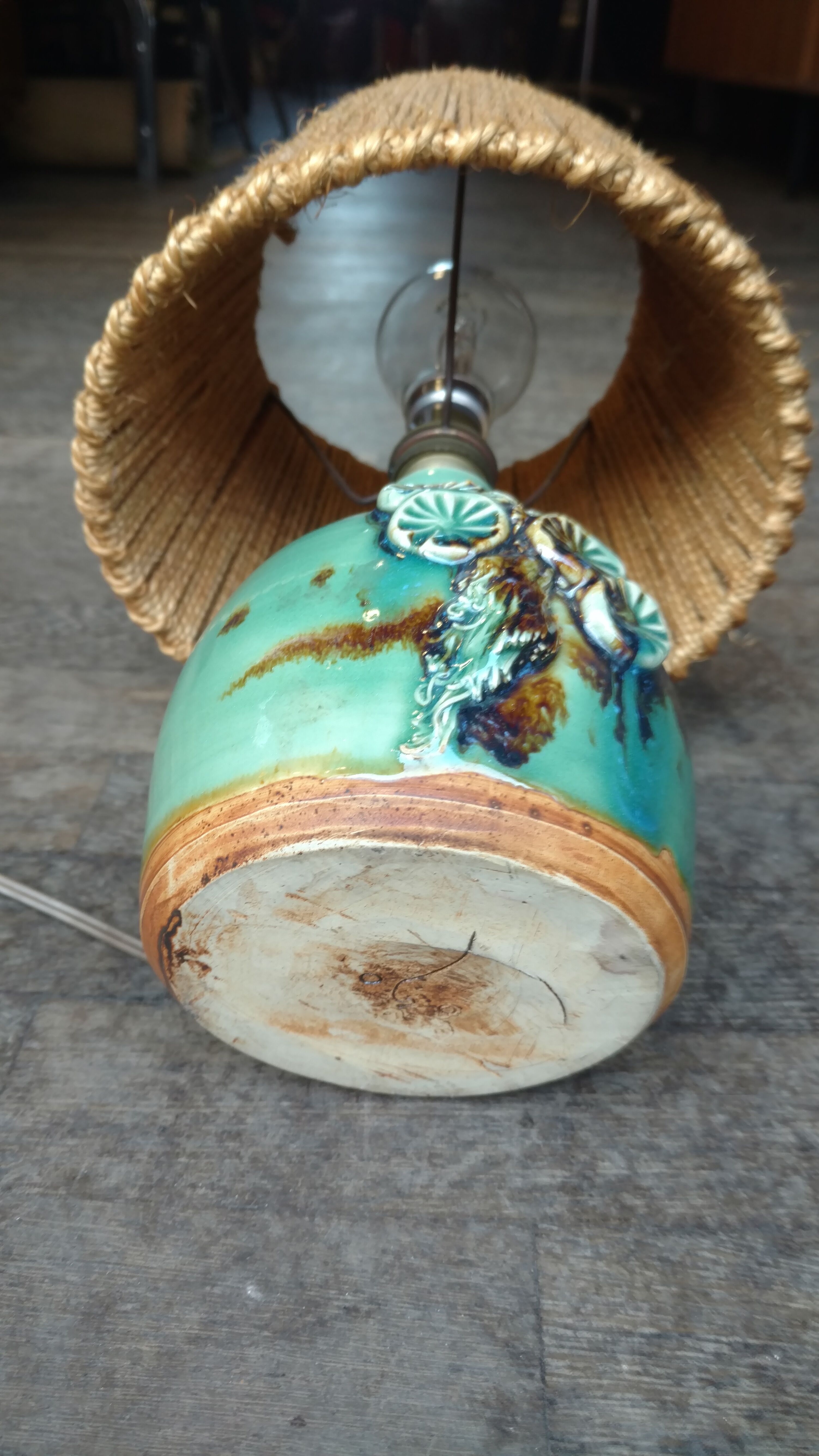 Small ceramic lamp Lampshade rope signed 50 years