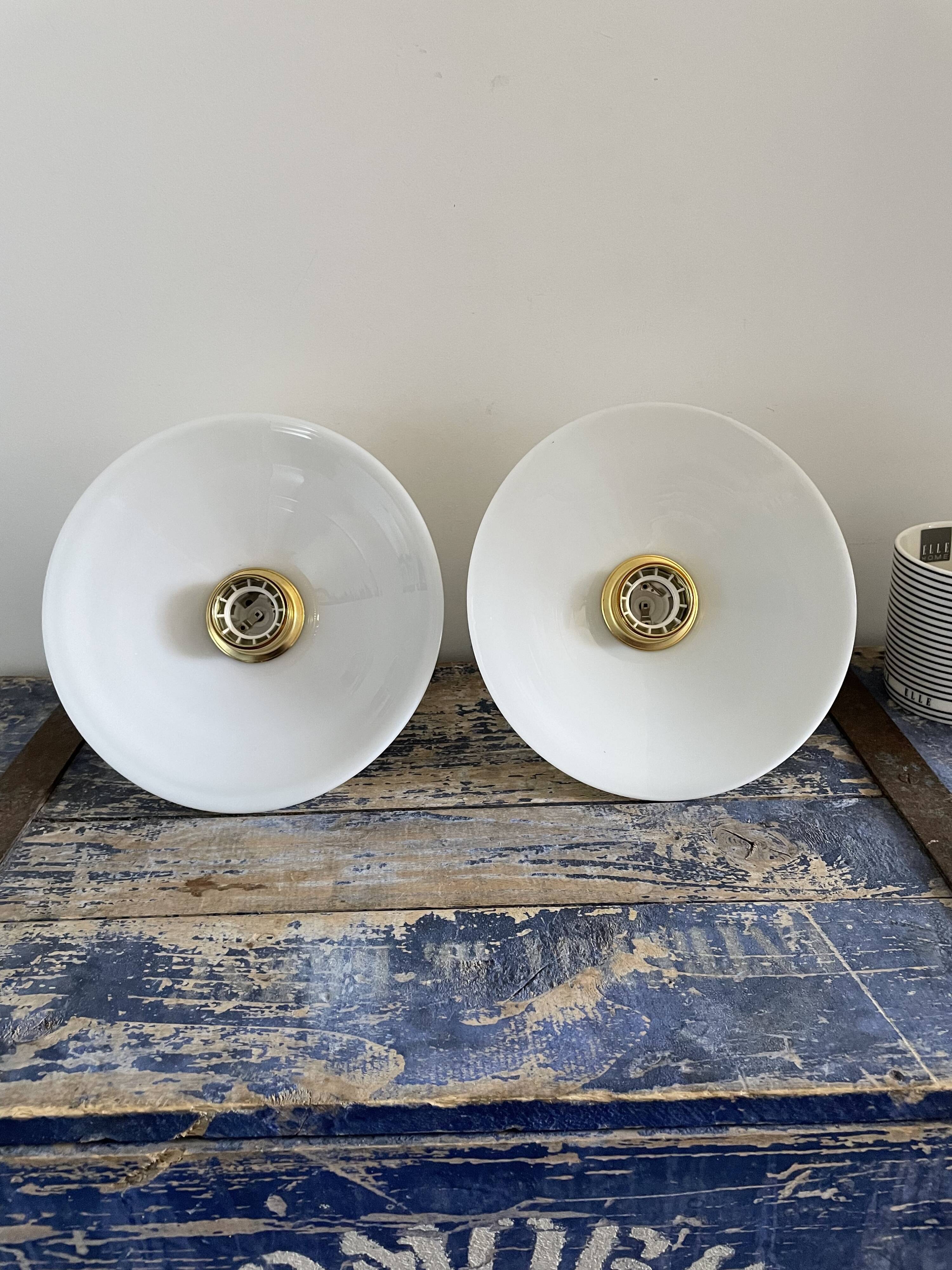 Pair of vintage white opaline wall lamps electrified to nine