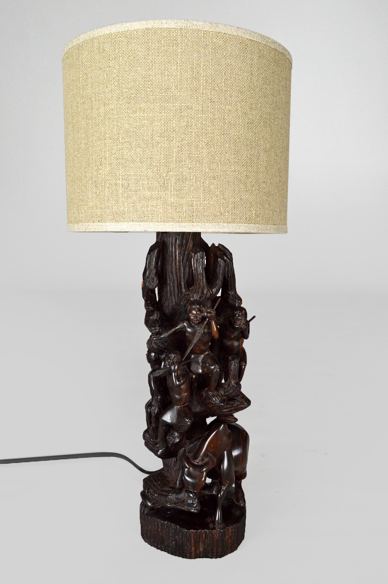African carved ebony lamp, "Hunters, buffalo and crocodile"