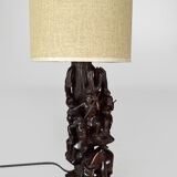 African carved ebony lamp, "Hunters, buffalo and crocodile"