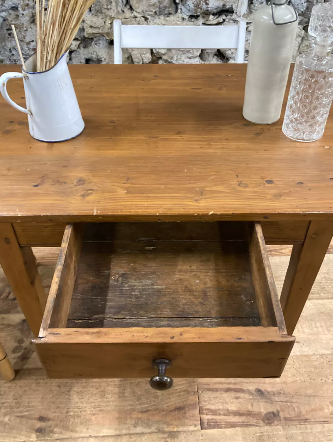 Rectangular wooden farmhouse table or rustic desk with antique drawer