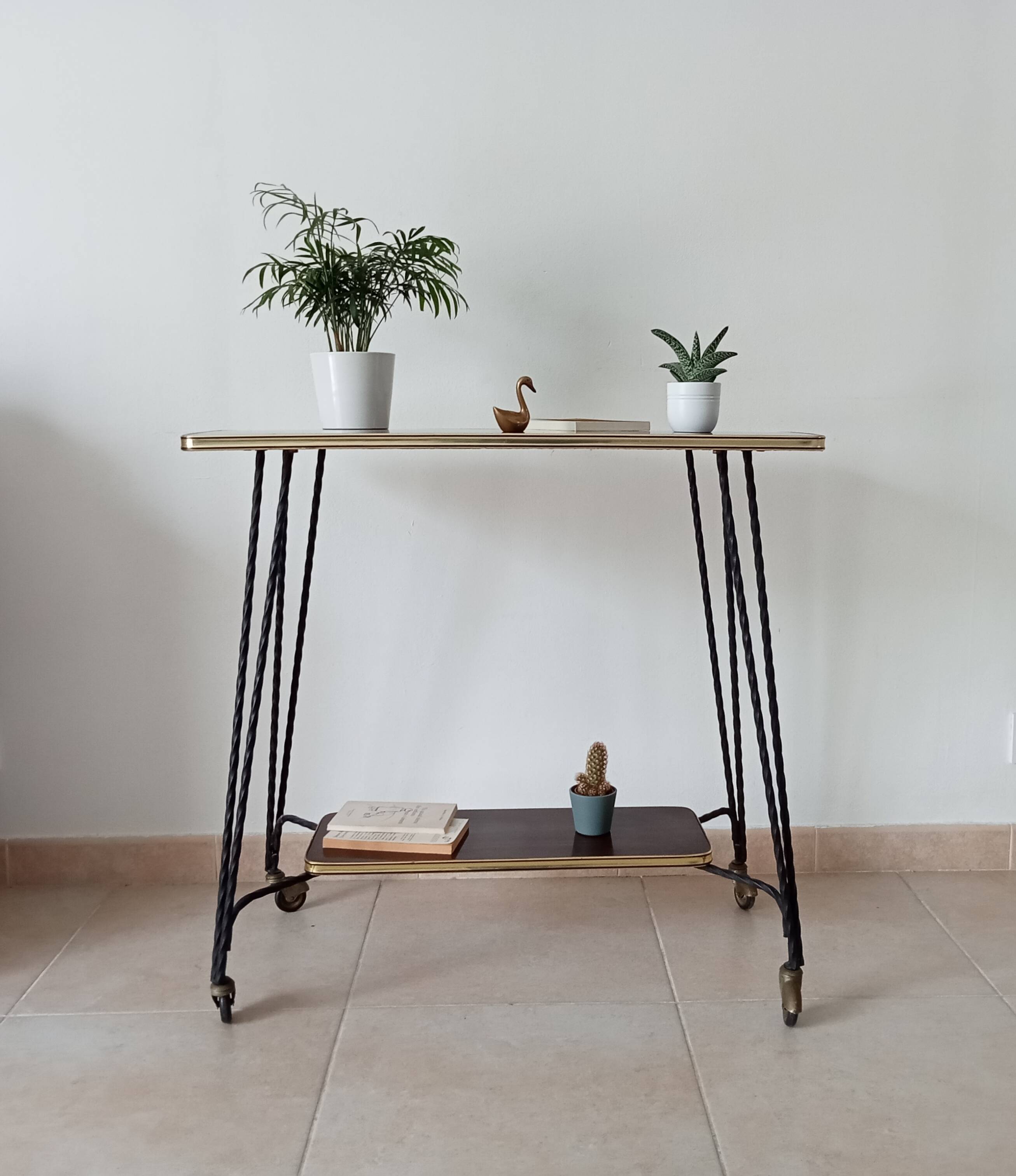Vintage Formica and wrought iron rolling dessert trolley/side table.