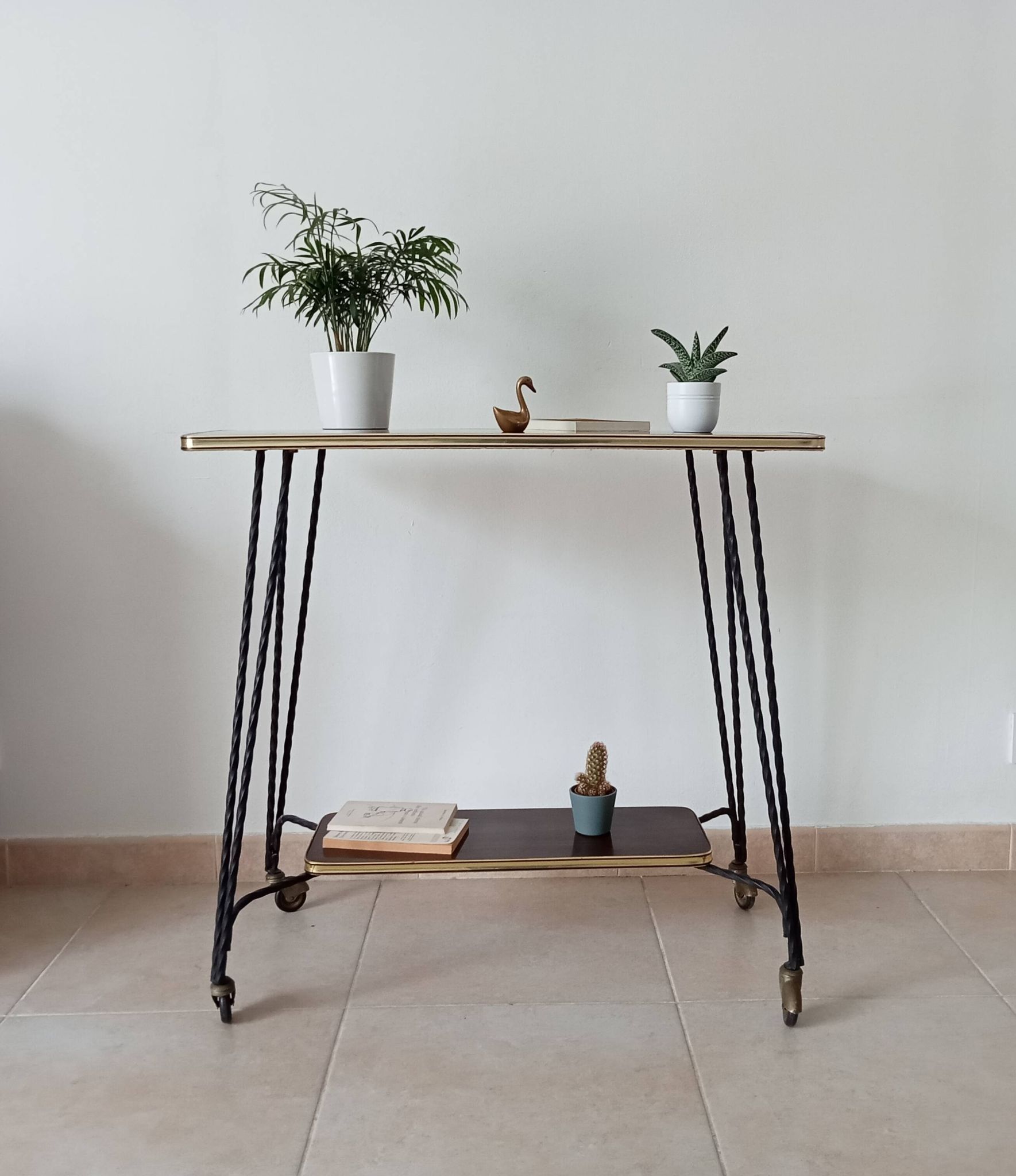 Vintage Formica and wrought iron rolling dessert trolley/side table.