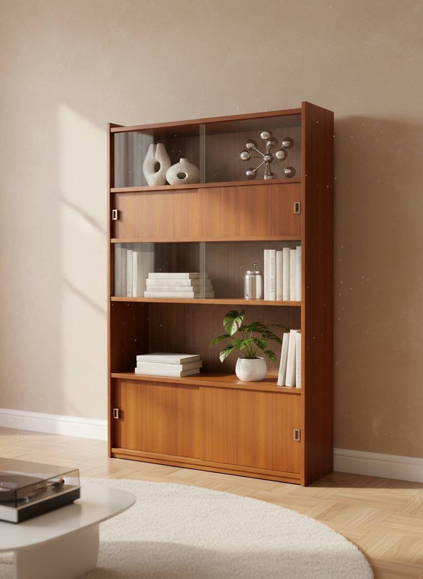 Vintage display library 60/70 Sliding door shelf