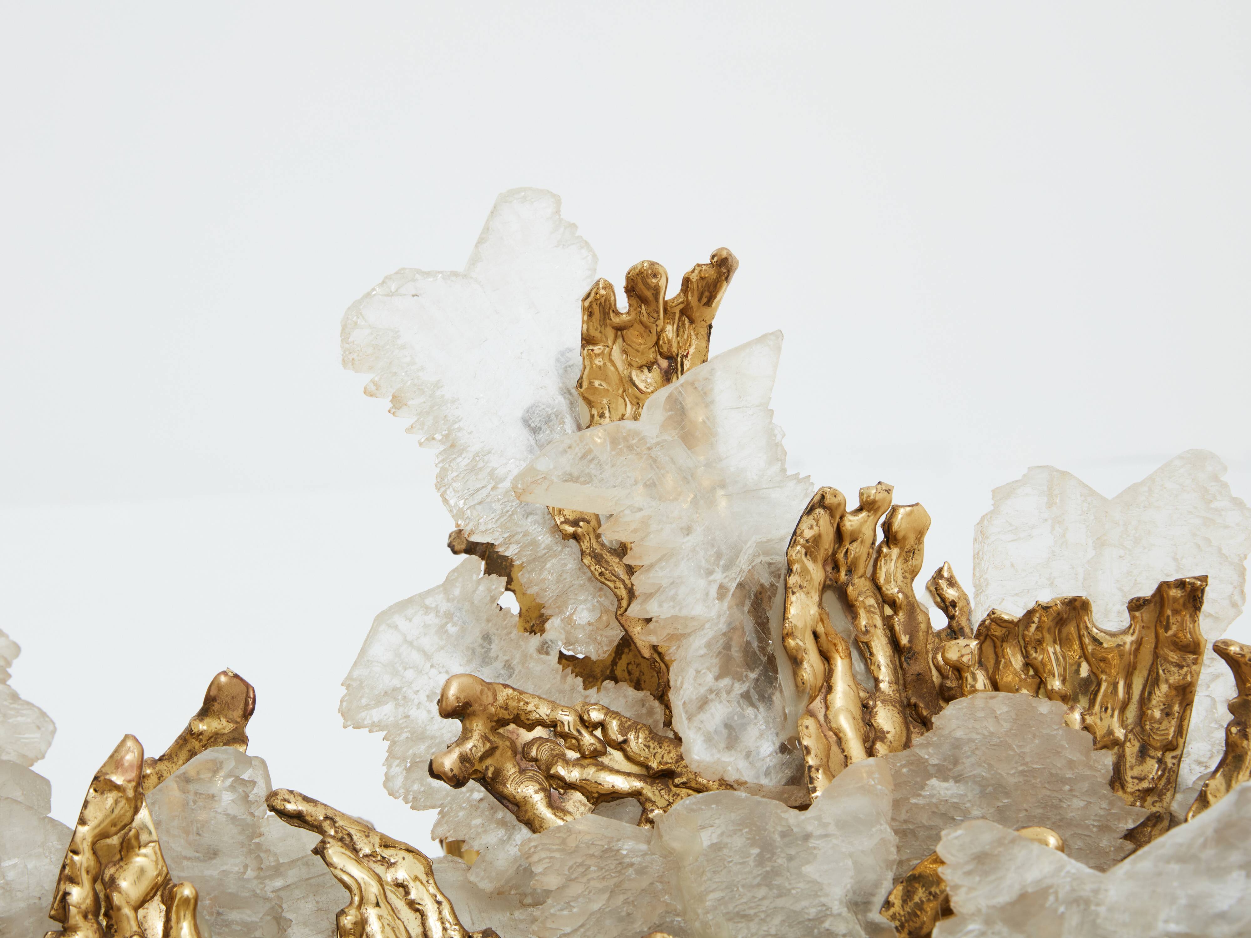 Dining table brass sculpture rock crystals Isabelle Faure 1970