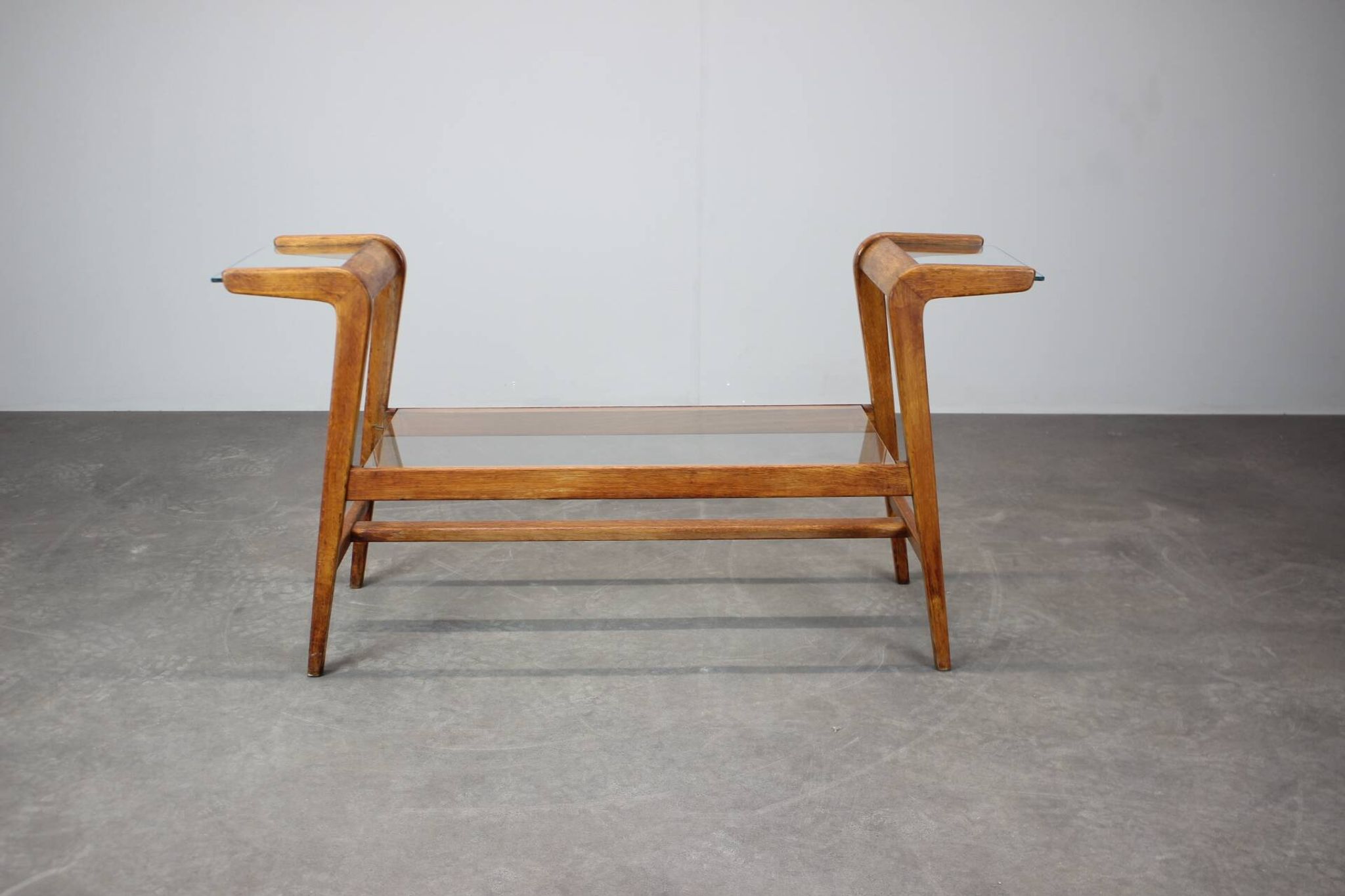 ULUV Mid-century wooden plant stand with glass shelf, Czechoslovakia, 1960s
