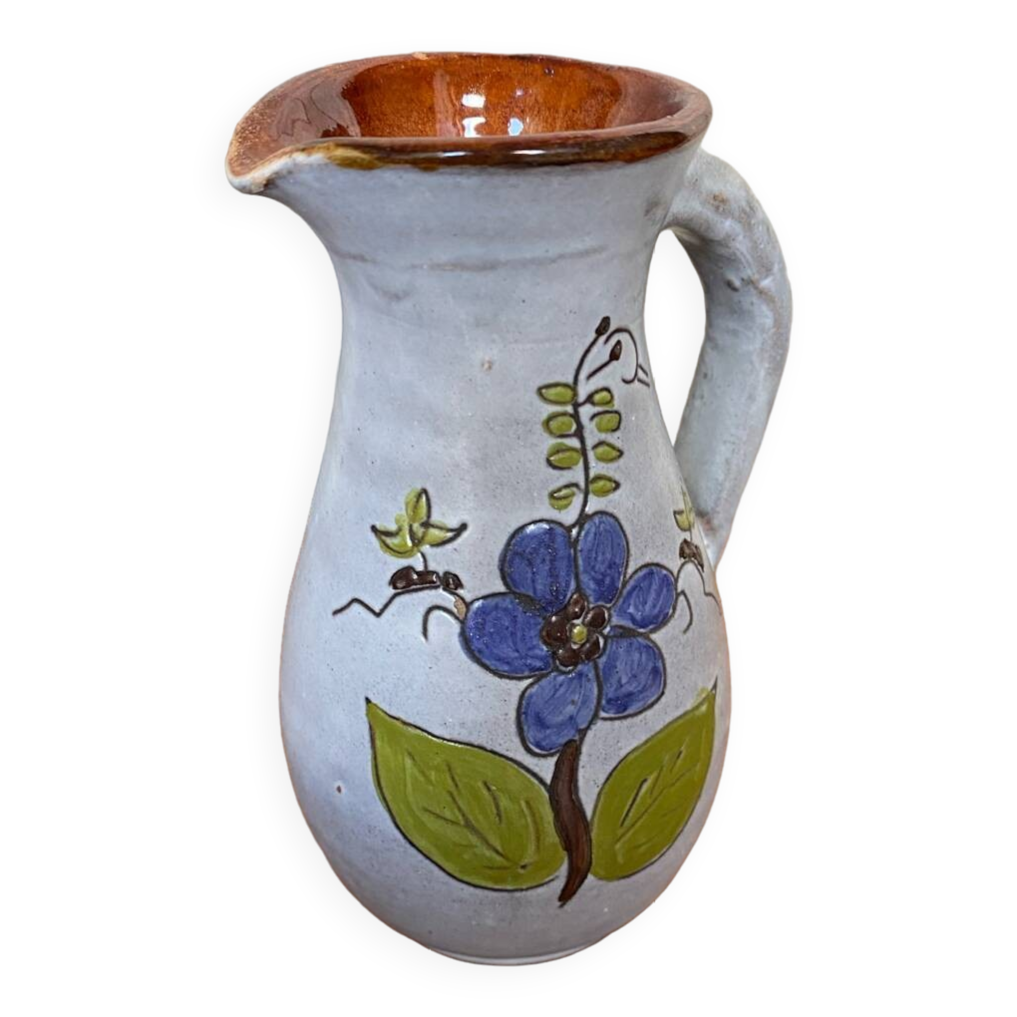 Ancien pichet terre cuite émaillée grise décor fleurs cuisine vintage