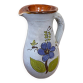 Ancien pichet terre cuite émaillée grise décor fleurs cuisine vintage